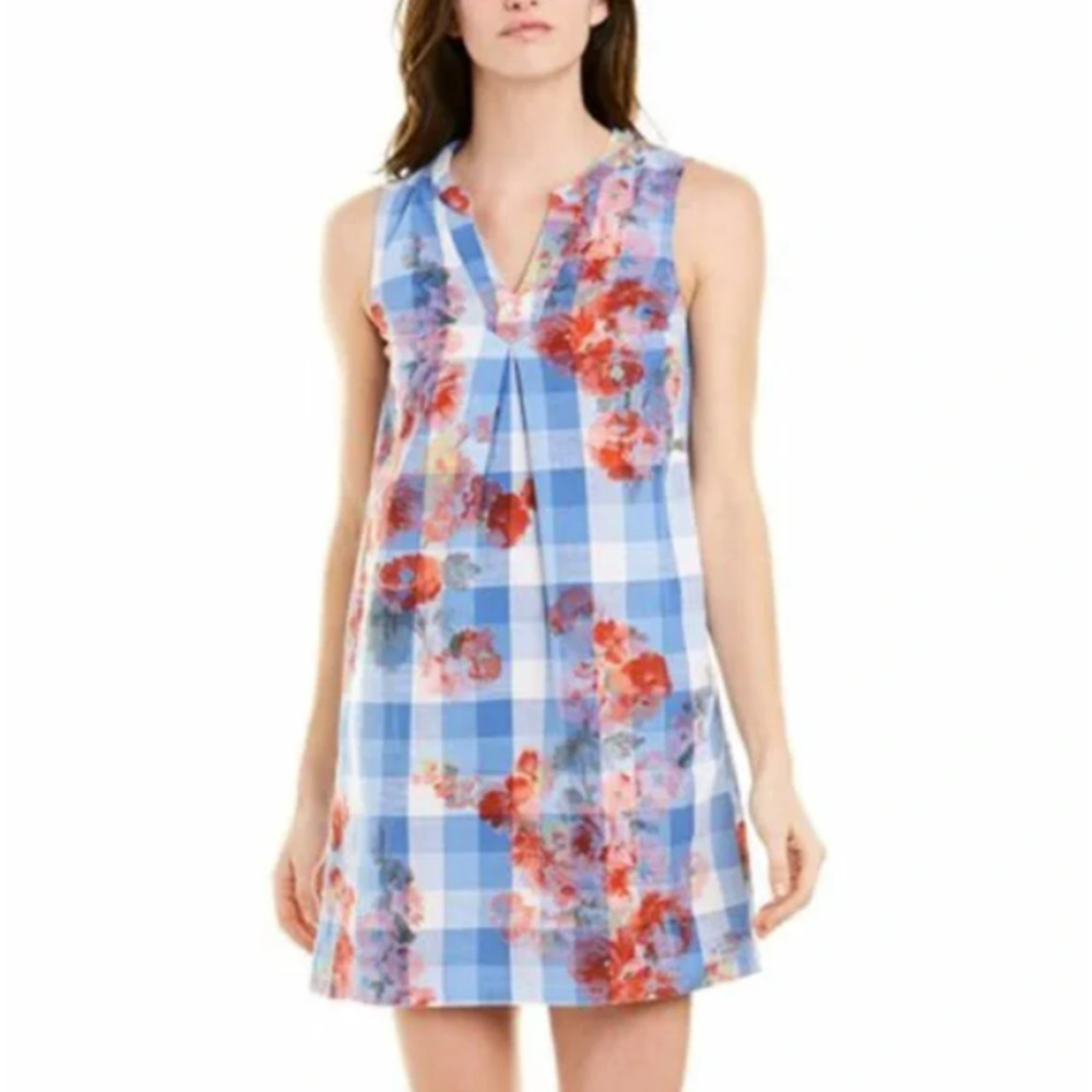 Joules Jillian V-Neck Sleeveless Pullover Floral Plaid Tunic Dress Size 6 Blue